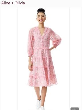 Alice + Olivia Pink Lace Tiered Midi Dress